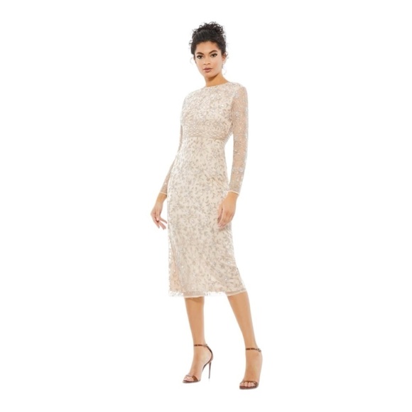 MAC DUGGAL Beaded Tea Length Dress w/ Sheer Sleeves Size 16 NWT